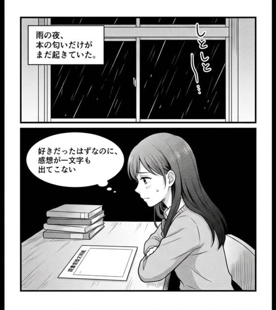 NotebookLM AI漫画 雨音図書室のやさしいAI漫画「なくした言葉と夜のしおり」 1