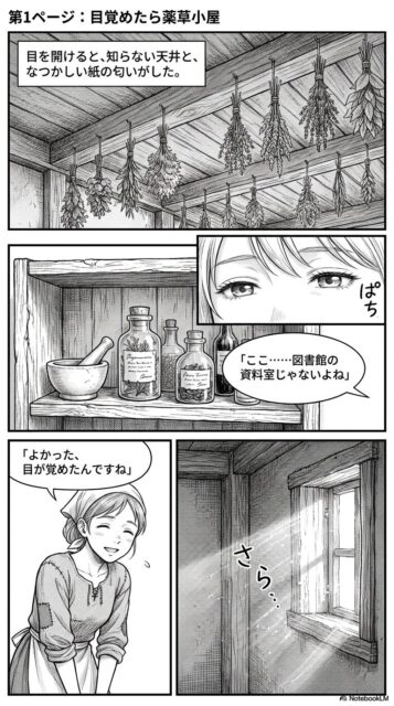 NotebookLM AI漫画 木漏れ日錬金工房のやさしいAI漫画「転生した司書と、しずく色の万能インク」 1