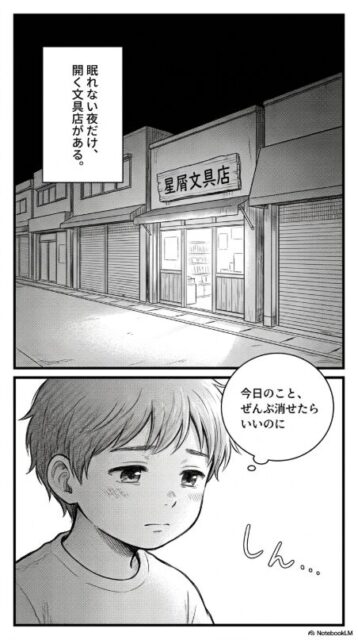 NotebookLM AI漫画 星屑文具店のやさしいAI漫画「眠れない月と消しゴム星」 1