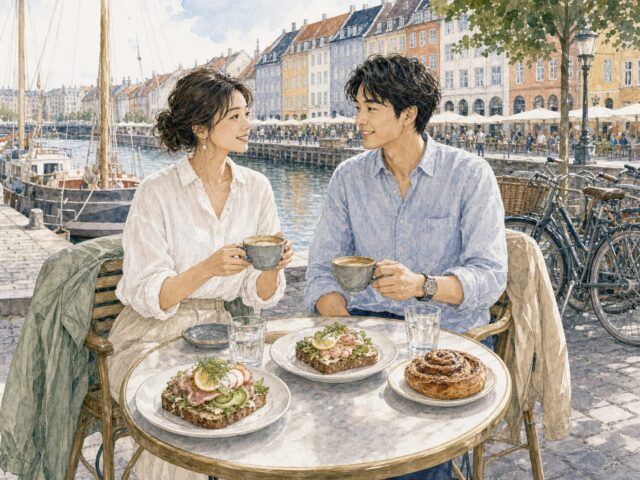 コペンハーゲンの運河沿いカフェでスモーブローとコーヒーを楽しむ日本人旅行者の水彩イラスト