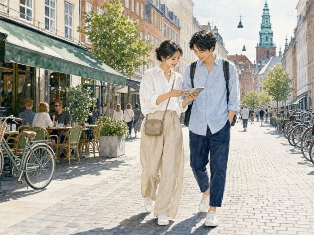 ストロイエ周辺を歩く日本人旅行者のリネンシャツと歩きやすい靴のコペンハーゲン1日目コーデイラスト