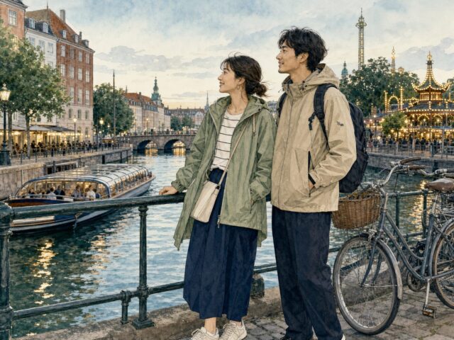 運河沿いで薄手ウインドブレーカーを着た日本人旅行者のコペンハーゲン2日目ファッションイラスト