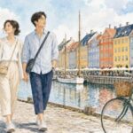 7月のコペンハーゲン・ニューハウンを歩く日本人旅行者と夏の北欧旅行ファッションの水彩イラスト