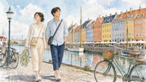 7月のコペンハーゲン・ニューハウンを歩く日本人旅行者と夏の北欧旅行ファッションの水彩イラスト