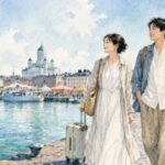 7月のヘルシンキ港を歩く日本人旅行者と夏の旅行ファッションを描いた水彩風AIイラスト