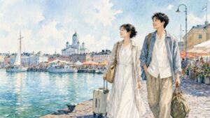 7月のヘルシンキ港を歩く日本人旅行者と夏の旅行ファッションを描いた水彩風AIイラスト