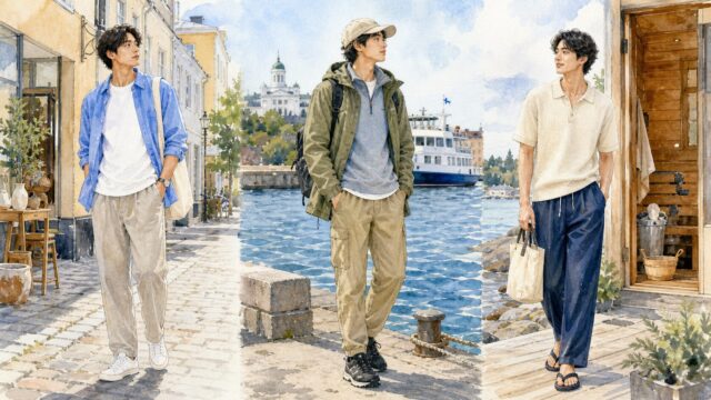 7月のヘルシンキ旅行に合う男性向け街歩きや島歩きやサウナ後コーデ3選の水彩風AIイラスト