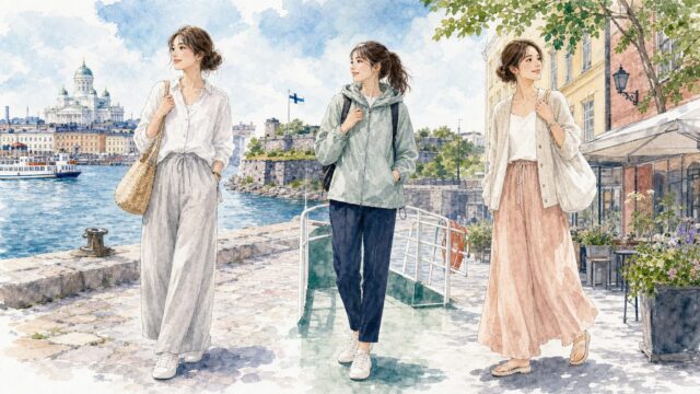 7月のヘルシンキ旅行に合う女性向けリネンや風よけコーデ3選の水彩風AIイラスト