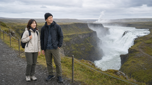 ゴールデンサークルの滝と地熱地帯を巡る日本人旅行者のAI画像
