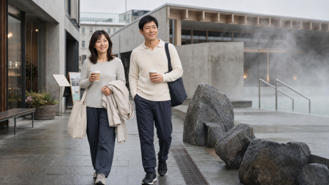 レイキャビクの温水プールとデザイン街歩きを楽しむ日本人旅行者のAI画像