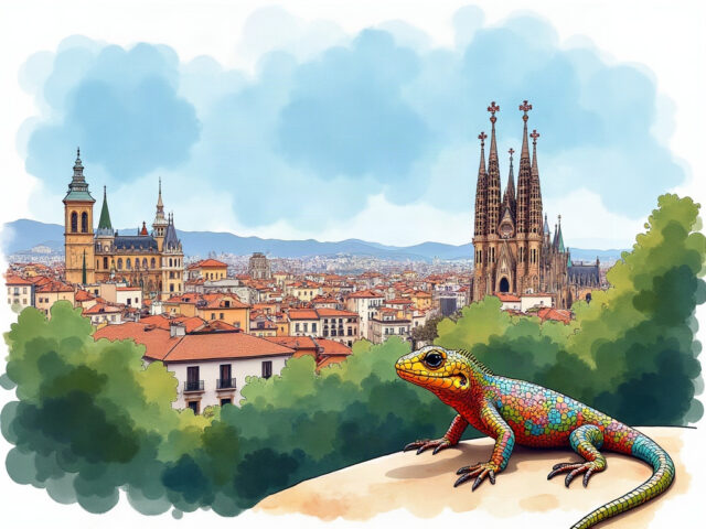 ガウディ建築とグエル公園のモザイクを描いたバルセロナの水彩風イラスト