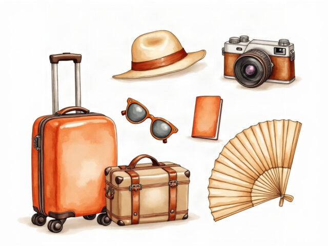スペイン旅行の持ち物を描いた水彩風イラスト