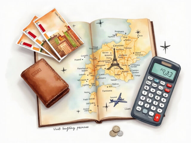 スペイン旅行の予算計画を描いた水彩風イラスト