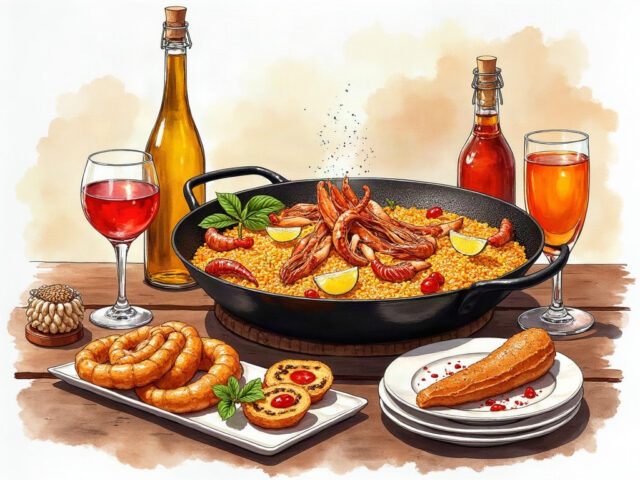 パエリアやタパスなどスペイン料理を描いた水彩風イラスト
