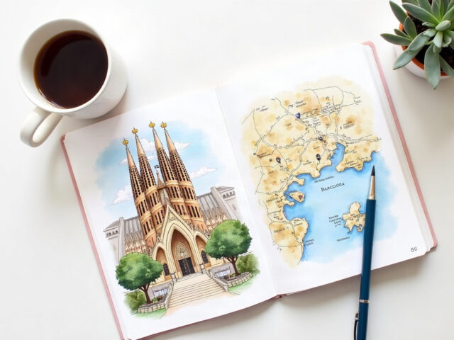 バルセロナの旅のしおりが完成した様子を描いた水彩風イラスト