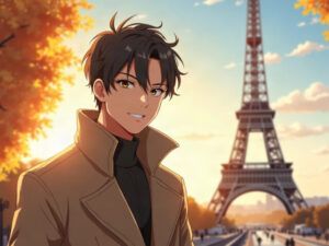 SpellAIの旅行イラストプロンプトで作った例：パリのエッフェル塔前のトレンチコートのイケメン