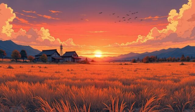 稲刈り後の田んぼと夕暮れの風景イラスト