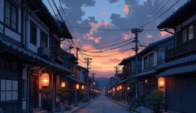 京都の路地・夕暮れの町家風景イラスト