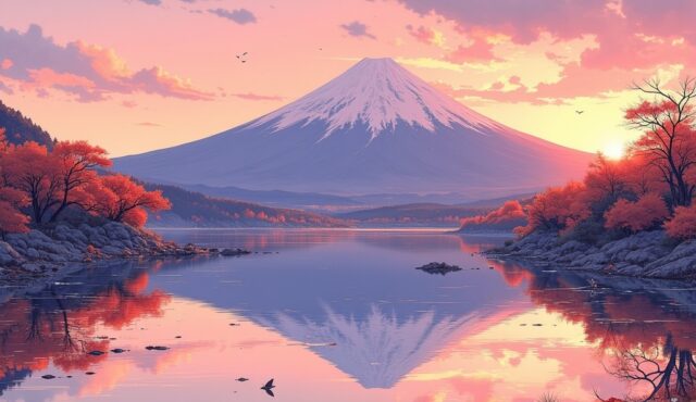 富士山と湖の朝焼け風景イラスト