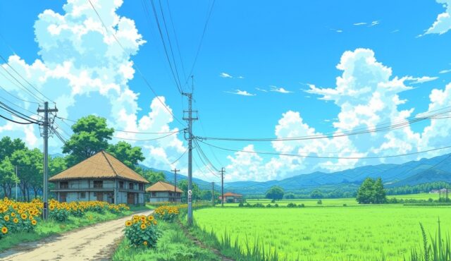 夏の田園風景と古民家イラスト