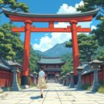 鎌倉・鶴岡八幡宮の参道で和モダンコーデの美少女イラスト
