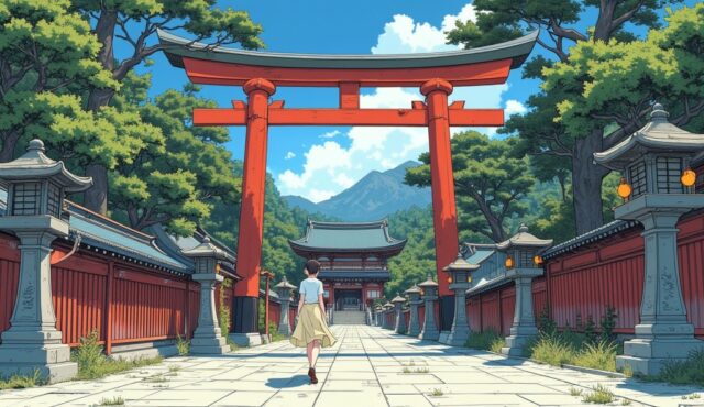 鎌倉・鶴岡八幡宮の参道で和モダンコーデの美少女イラスト
