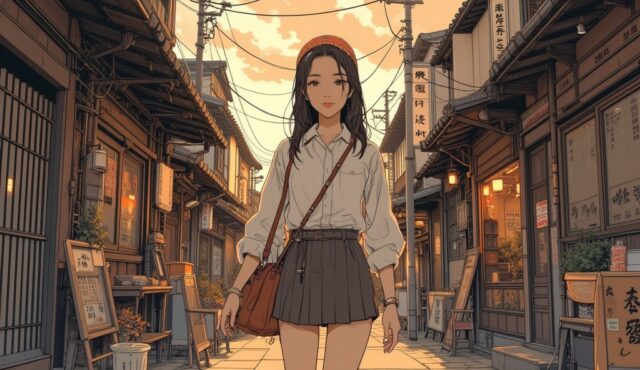 鎌倉・小町通りのレトロ街歩きコーデの美少女イラスト