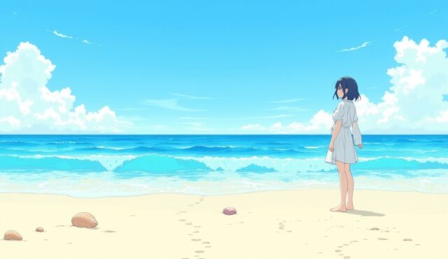 鎌倉・由比ガ浜の海辺で夏コーデの美少女イラスト