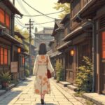 金沢・ひがし茶屋街の町家通りを歩く和モダンコーデの美少女イラスト
