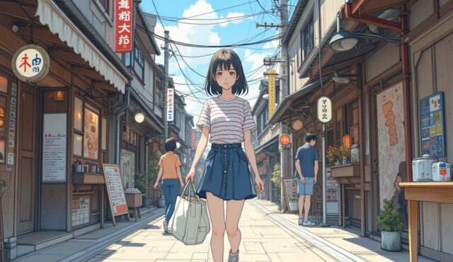 金沢・近江町市場の食べ歩きカジュアルコーデの美少女イラスト