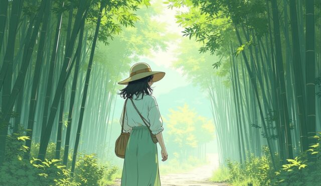 嵐山の竹林でナチュラルコーデの美少女イラスト