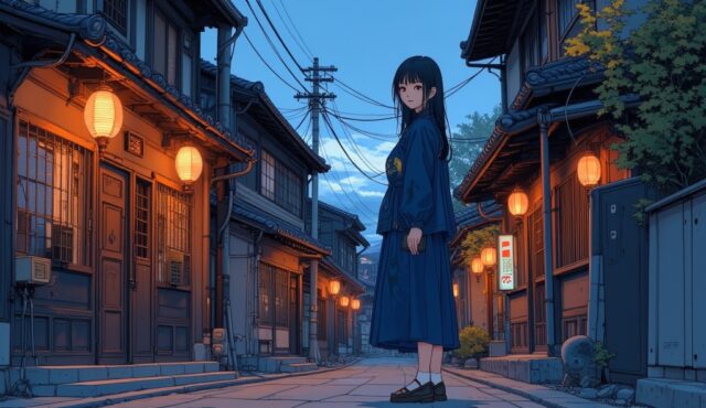 祇園の花見小路でレトロモダンコーデの美少女イラスト