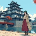 国宝松本城の天守を前に立つ秋のクラシックコーデの美少女イラスト