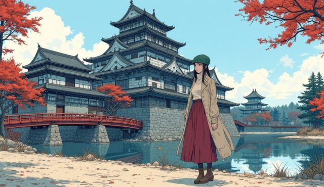 国宝松本城の天守を前に立つ秋のクラシックコーデの美少女イラスト