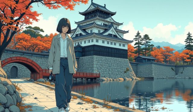 松本城のお堀沿いを歩く秋のカジュアルコーデの美少女イラスト