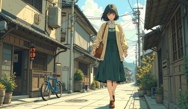 城下町の白壁の街並みを歩くレトロコーデの美少女イラスト