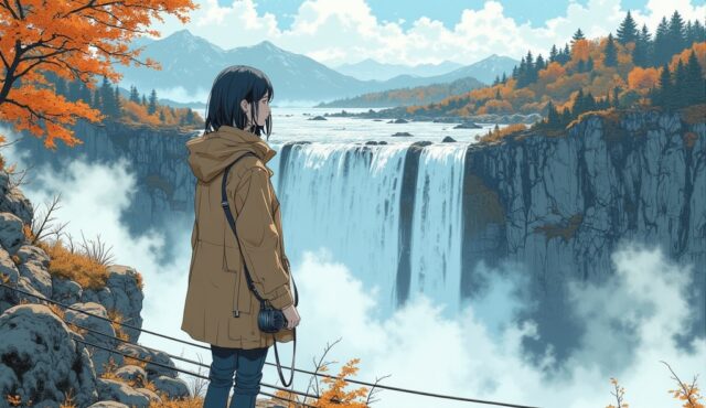 日光・華厳の滝の観瀑台で滝を眺める秋コーデの美少女イラスト