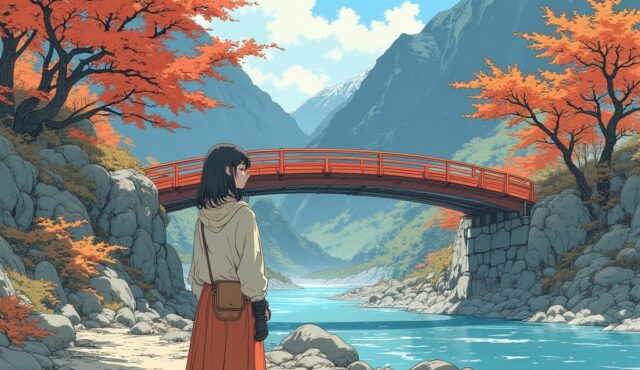 日光・神橋のたもとで紅葉を眺める秋コーデの美少女イラスト