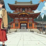 日光東照宮・陽明門の石畳の参道に立つ秋コーデの美少女イラスト