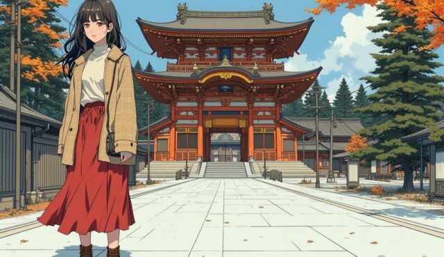 日光東照宮・陽明門の石畳の参道に立つ秋コーデの美少女イラスト
