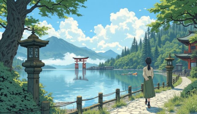 箱根神社の湖上鳥居の参道を歩くAI美少女イラスト(ニットとロングスカート)