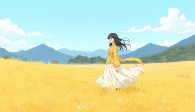 仙石原のすすき草原に立つAI美少女イラスト(夕方の光)