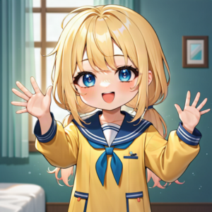 朝の寝室で笑顔で手を振るちびキャラのルル（おはよう）