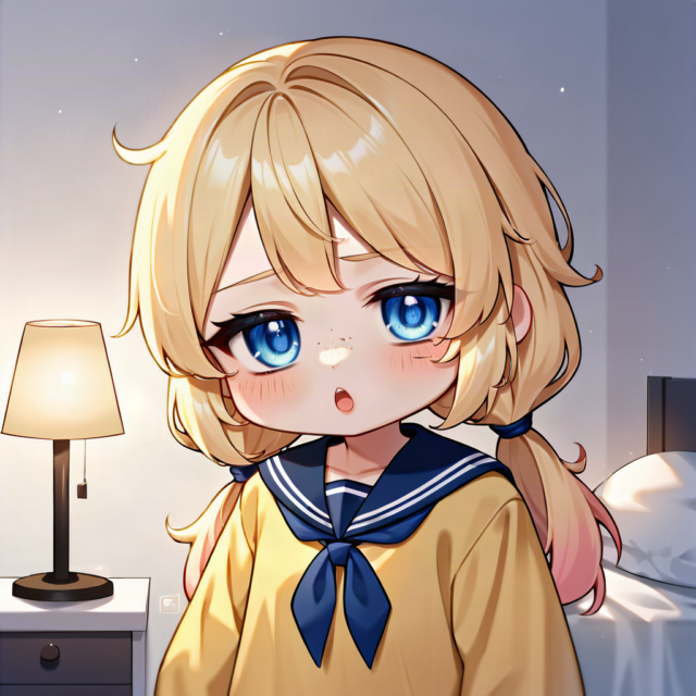夜の寝室で眠そうにあくびをするちびキャラのルル（おやすみ）