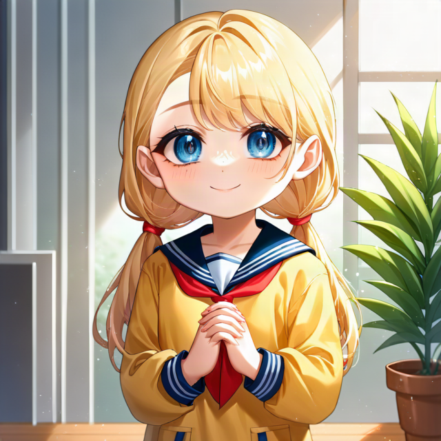 リビングで両手を胸の前で合わせてお礼を言うちびキャラのルル（ありがとう）