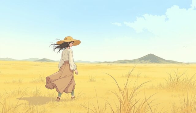 阿蘇の草原を歩くAI美少女イラスト(秋のコーデ)