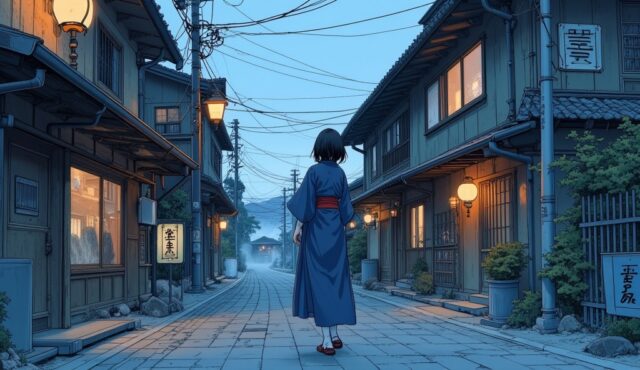 黒川温泉の石畳を歩く浴衣のAI美少女イラスト