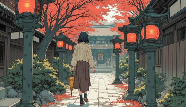 春日大社の石灯籠の参道を歩くAI美少女イラスト(ニットとロングスカート)