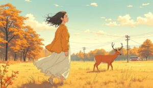 奈良公園の草原と鹿を背景にしたAI美少女イラスト（夕方の光）