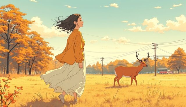 奈良公園の草原と鹿を背景にしたAI美少女イラスト(夕方の光)